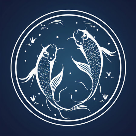 Illustration of two koi fish in round frame on dark blue backgroundの素材