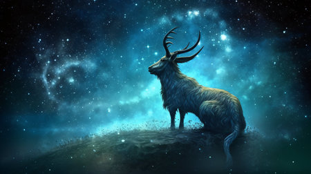 Deer in the starry sky. 3D illustration. Fantasy.の素材