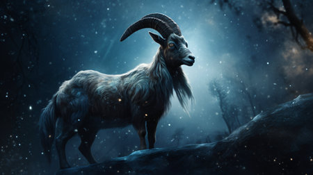 Goat standing on a rock in the dark forest. 3d renderingの素材