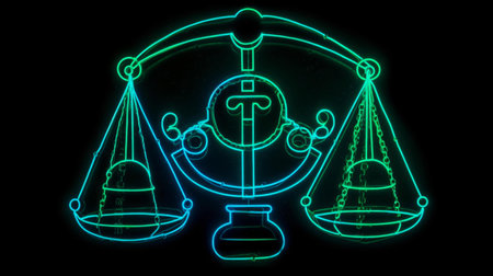 Scales of justice neon sign on a black background. Vector illustration.の素材