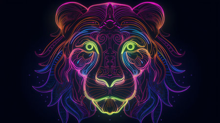 Neon head of lion on black background. Vector illustration for your designの素材