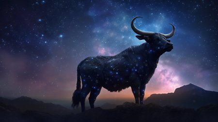 Black yak in the night starry sky. This is a 3d render illustrationの素材