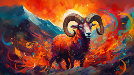 Aries Zodiac sign, Goat Ram horoscope astrology illustration, wallpaper background, Generated by AIの素材