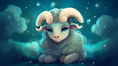 Cartoon illustration of a cute sheep in the night sky with starsの素材