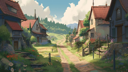 Village with houses in the style of a fairy tale. Digital painting.の素材