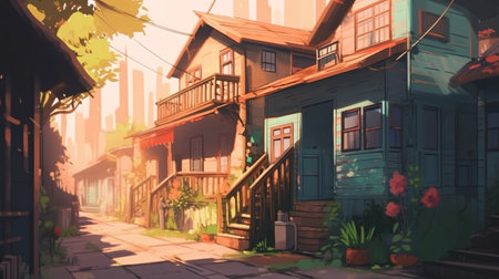 Digital painting of a street in the old town of San Francisco.の素材