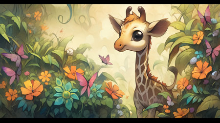 cartoon giraffe in the jungle with flowers - illustration for childrenの素材