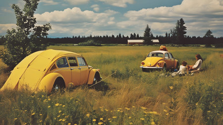 Vintage family camping in a tent in nature, photography, mountains, background design, Generated by AIの素材