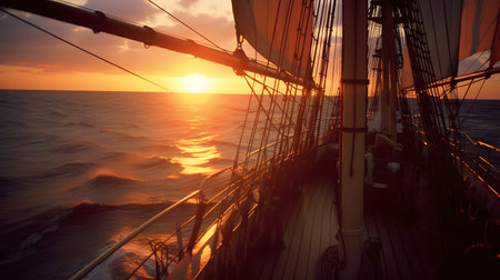 Sailing boat in the sea at sunset. 3D render.の素材