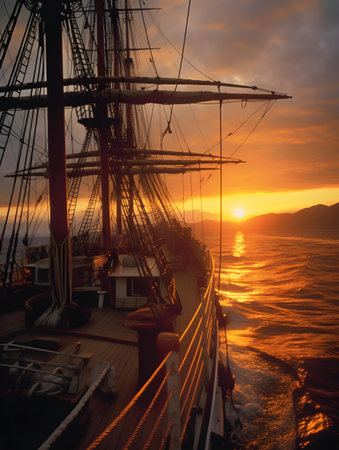 Pirate ship on ocean at beautiful sunrise, orange sky, background wallpaper design, Generated by AIの素材