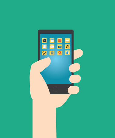 Hands hold smartphone with multimedia application and green backgroundのイラスト素材