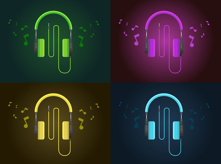Flat Design colorful  Headphones in four style with music icon and colorful backgroundのイラスト素材