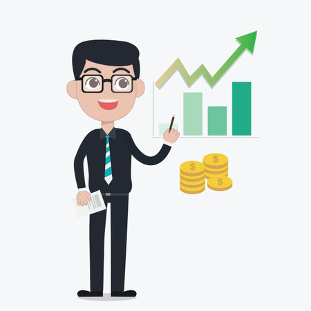 Professional Investor advise investment by use green growth graph and bar graph and he hold the paper and pencil with coins elements in white backgroundのイラスト素材