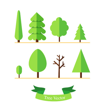 Trees vector set on ground with text ribbon and isolated white backgroundのイラスト素材