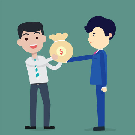Businessman blue suite bring bag of money to Employees white suite vector illustration, bank loan cash giving, credit packet, salary paymentのイラスト素材