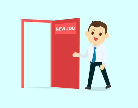 Employee walk and open red door with new job text vector illustration.Business man cartoon character design happy to new jobのイラスト素材