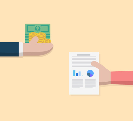 Business hand exchange money and person hand giving data paper. Trading vector illustrationのイラスト素材