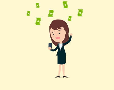 Businesswoman use phone getting income and make a lot of money vector illustrator.のイラスト素材