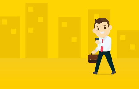 Young business man use a smart phone while walking in town vector and illustration.Flat business man walking design.のイラスト素材
