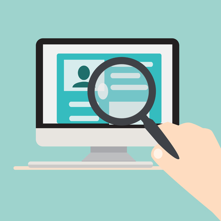 Searching people concept.Computer on a desk and a hand holding magnifying glass over searching person on screen vector illustrationのイラスト素材