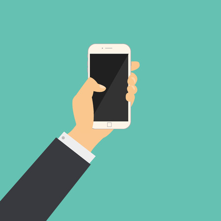 Flat business hand hold a phone with blank screen vector.Hand with mobile phone vectorのイラスト素材