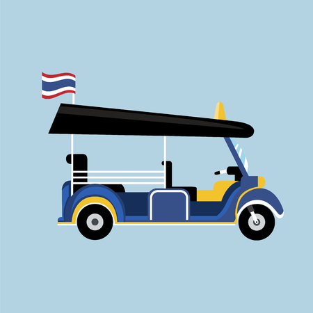 Flat Tuk tuk in Thailand vector with Thai flag and isolated background.Thai taxi vectorのイラスト素材