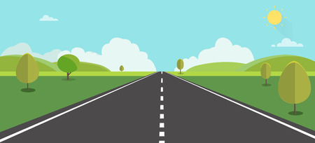 Road to nature backgroud vector illustration.Street with field , hills , clouds , trees and sun.Beautiful nature landscape.のイラスト素材