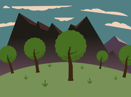 Forest on hills with big mountains and sky.Green meadows with three mountains in the background.のイラスト素材