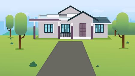 House with green grass , trees ,hills and cityscape vector illustration.Flat home design with garden in town.Private house in cityのイラスト素材