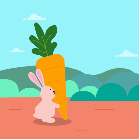 Cute rabbit hold big carrot cartoon with nature scene vector illustration.Character design of rabbit and sky backgroundのイラスト素材