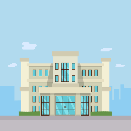 Modern company building design in flat style vector illustration.City buildings near road.Big companyon street.のイラスト素材