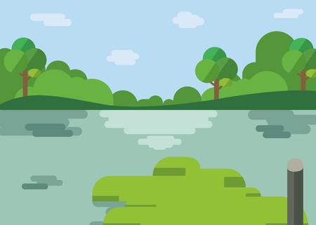 Nature landscape cartoon design.Beautiful lake with forest in flat style.River with hills, trees , clouds and sky background.のイラスト素材