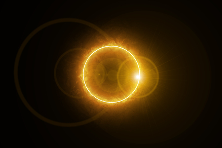 Lens flare light over black background. easy to add overlay or screen filter over photos.Sun flare on spaceの写真素材