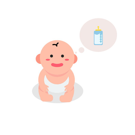 Baby cartoon hungry milk vector.Cute toddler with bubble and milk.のイラスト素材