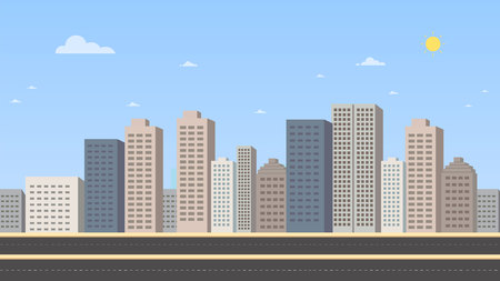 Cityscape with main street and sky background vector illustration.Buildings landscape. Daytime cityscape in flat style.Modern city scene designのイラスト素材