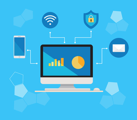 Computer keyboard  with media element network icon vector illustration.Desktop computer with online data connecting media.Connection media conceptのイラスト素材