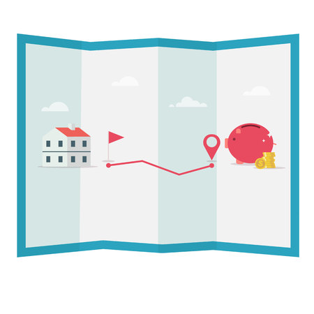 Plan save money for home vector illustration.Piggy bank with coins pin to goal.のイラスト素材