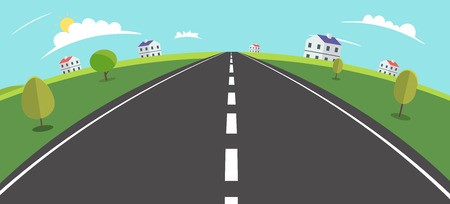 Landscape scene with road , trees and rural home vector illustration.Main street to village Fisheye view.Village scene with nature background.Beautiful nature landscape.のイラスト素材