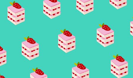 Strawberry cake with fresh fruit toping flat pattern design vector. Cute dessert pattern.のイラスト素材