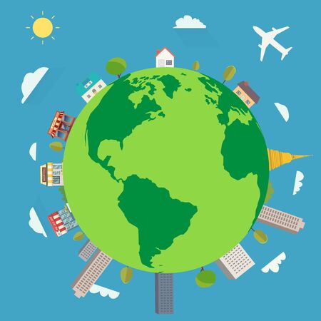 Planet with city around and nature landscape and map. Travel around the planet concept. Vector illustration.のイラスト素材