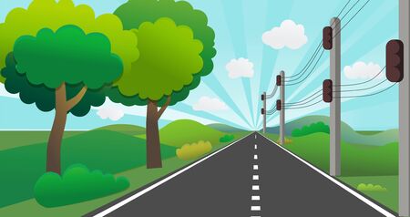 Road with nature landscape in perspective.Country road with lamppost, hills and sky shining background vector.のイラスト素材