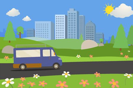 Public park with van on road and city background.nature landscape with road and urban. Cartoon nature landscape view with town and clouds. Beautiful scene park  and car in summer day.のイラスト素材