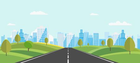 Public park with main street to city and sky background.Beautiful nature scene with town and hill.Vector illustration.Road with urban.cityscape and nature sceneのイラスト素材
