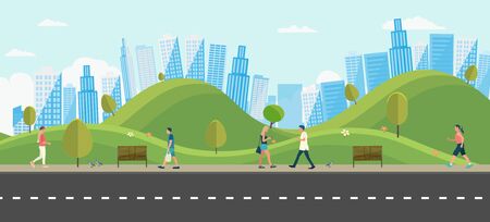 People with public park in city.Beautiful scene park and man walking.People leisure activities in park.Lifestyle relaxed in town vector illustration.Urban scene with nature.のイラスト素材