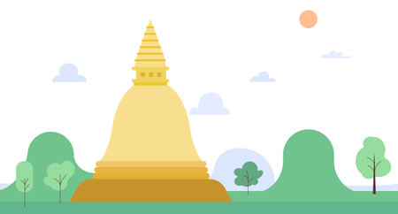 Golden pagoda and nature landscape vector illustration.Thailand pagoda flat design.のイラスト素材