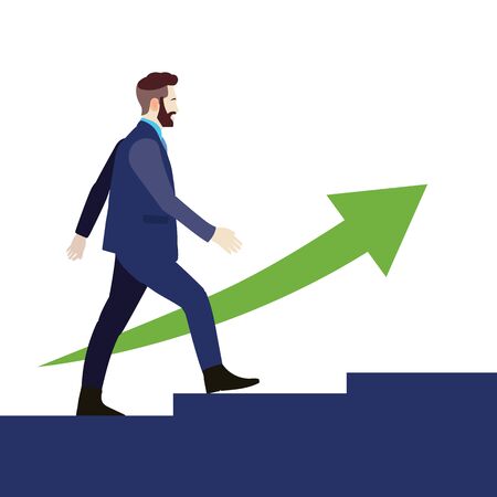 Businessman walking up stair with green arrow up.Growth business man concept.Young man go to successのイラスト素材