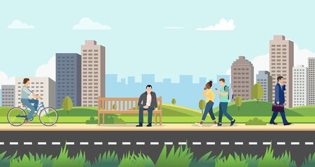 People in public park with cityscape background.Nature landscsape with activity person.Modern city with people on street.Vector illustrationのイラスト素材