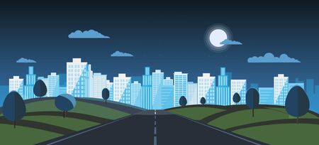 Night Public park with main street to city and sky background.Vector illustration.Road with night urban.Night cityscape and nature sceneのイラスト素材