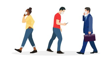 Group of people wearing mask protect virus.Vector illlustration.People walking with wearing mask setのイラスト素材