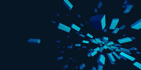 Abstract blue cube pattern explodes motion background.Box pattern texture 3D illustration.の写真素材